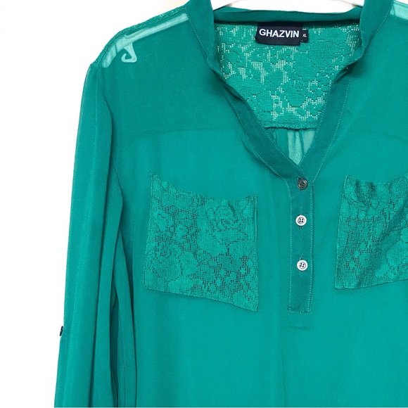 Long Sleeve Sheer Green Blouse with Lace Pockets - Picture 2 of 5